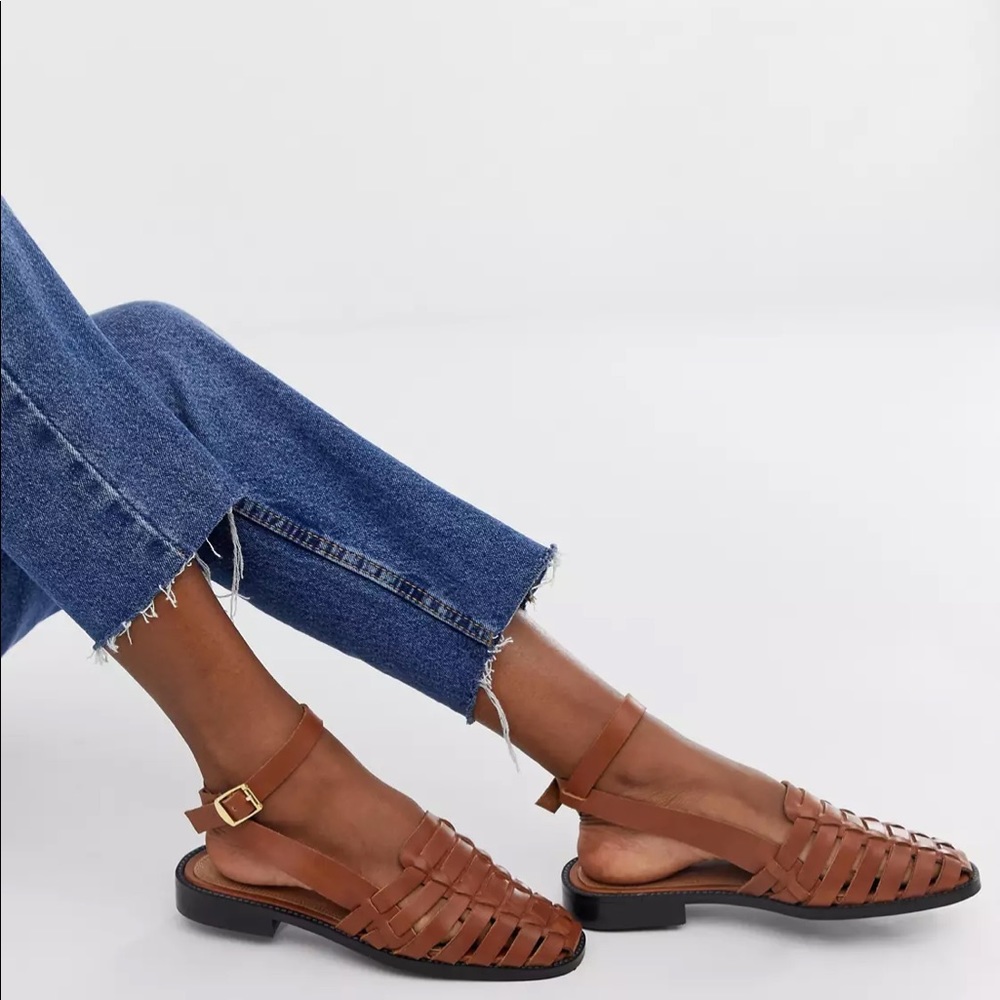 Asos Mady Leather Woven Flat Shoes In Tan